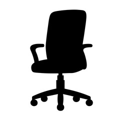 Black office chair silhouette with wheels and armrests on a white background