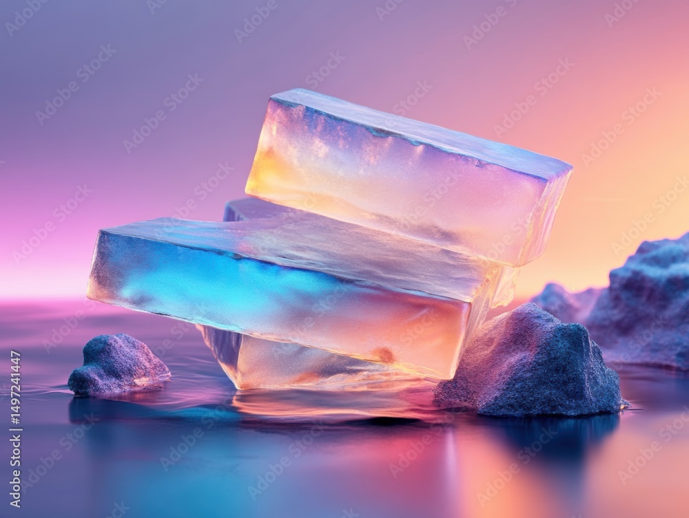Aufkleber colorful ice blocks reflect light over a tranquil water surface creating a mesmerizing visual displa