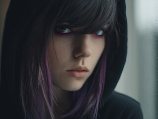 Young person with dark, layered hair and purple highlights gazes intently, partially obscured by hoodie, revealing only subtle hints of emotion. Moody and mysterious ambiance conveyed