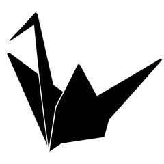 Elegant black silhouette of an origami crane against a stark white background