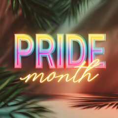 pride month colorful sign over tropical palm leaves interior square background