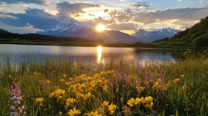 Sunrise Over Alpine Lake with Wildflowers and Snow-Capped Mountains