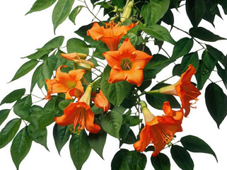 Orange Trumpet Creeper Plant with Glossy Leaves Botanical PNG on White Background