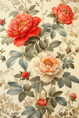 Elegant vintage floral chintz pattern featuring blooming peonies and lush foliage. Perfect for textiles, wallpapers, packaging, or romantic branding