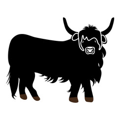 Highland cattle, cow. Scottish cattle isolated on white background. Design element for logo, poster, card, banner, emblem, t shirt. Vector illustration.