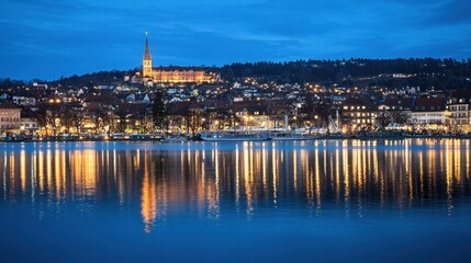 Obraz premium Nightfall over Lake Constance, Lindau's Illuminated Charm