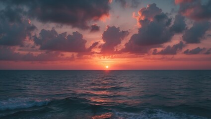 Obraz premium Sunset over the ocean with dramatic clouds and vibrant colors. Nature and seascape, serene scene, dusk, calm waters, beautiful sky, and horizon.