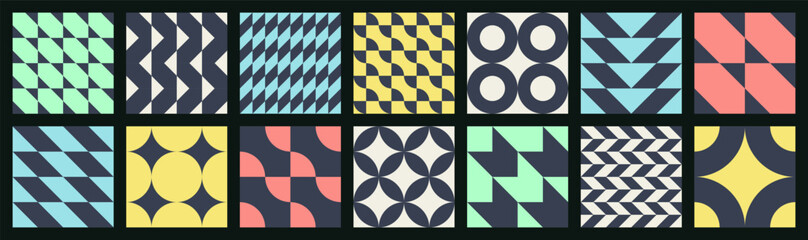 Big set of abstract contemporary seamless multicolor minimalism patterns of simple geometric gray shapes on a black background in brutalism style; red, blue, yellow and green colors; flat style