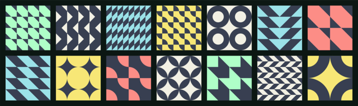 Big set of abstract contemporary seamless multicolor minimalism patterns of simple geometric gray shapes on a black background in brutalism style; red, blue, yellow and green colors; flat style