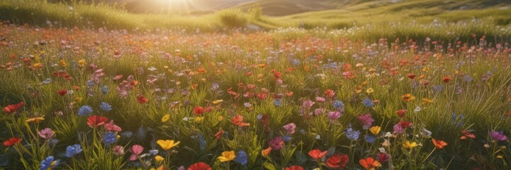 Obraz premium Vibrant wildflowers carpet sun-drenched meadow, spring, sunlight
