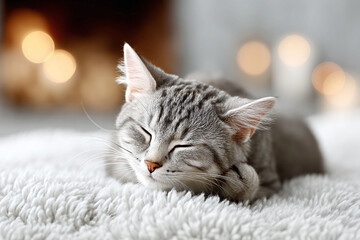 Obraz premium Serene silver tabby kitten peacefully sleeping on a soft white blanket. Evokes tranquility and comfort. Ideal for petrelated content, wellness blogs, or cozy themes.