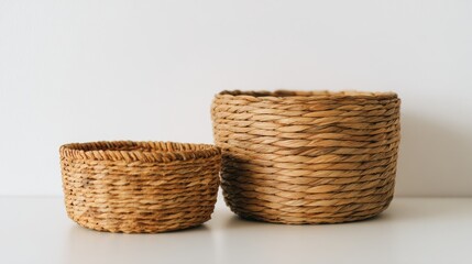 A 4K photo of 4K photo of two Nesting Wicker Baskets for Home Decor, Rustic Storage, and Unique Style on white background.