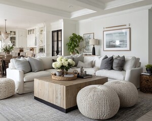 Modern living room with a cozy sofa, decorative pillows, and a wooden coffee table, featuring plants and artwork