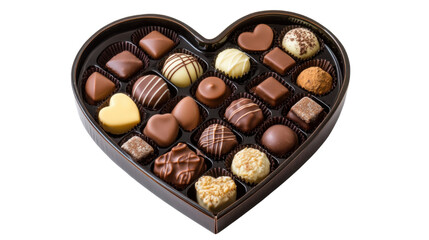 Heart-Shaped Box of Assorted Chocolates in Sweet Shapes Isolated on White Background for Valentine's Day, Romantic Gifts, and Food Photography