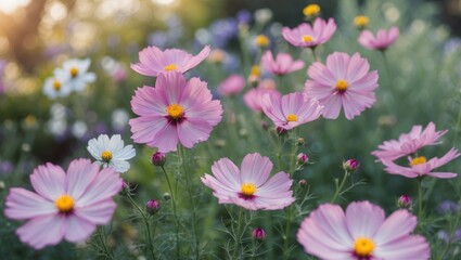 Fototapeta premium Pink and white cosmos flowers in a garden with green foliage and blurred background.