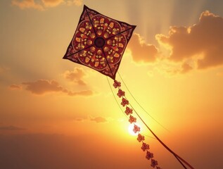 A highly detailed 3D-rendered image of a traditional Malaysian wau bulan (moon kite), adorned with intricate floral and geometric patterns, flying majestically against a golden sunset