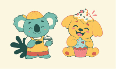 Fototapeta premium Cute Koala and Puppy Characters Enjoying Sweet Treats in Playful Style