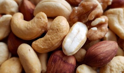 A close-up shot of mixed nuts, including cashews and walnut, Generative AI