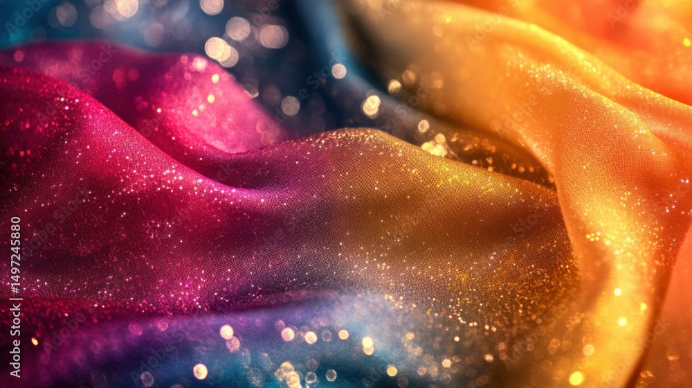 Poster colorful abstract fabric waves with soft gradient and light sparkles