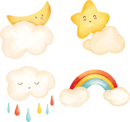 Watercolor Rainbow and Cloud Illustration Set, Cute Moon, Star, and Sky Elements Collection, Hand-Painted Celestial Elements Clipart Pastel Sky Decorations, Moon, Stars, Clouds, Adorable Weather