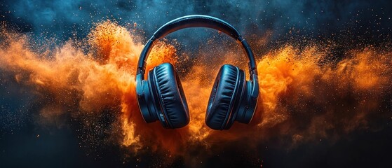 Immersive Audio Experience: Headphones in a vibrant orange and blue explosion