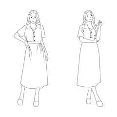 Minimal line art of women in dresses standing poses.