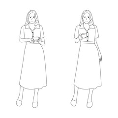 Outline illustration of women in dresses holding coffee cups.