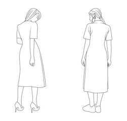 Back view outline illustration of women in formal and casual dresses.