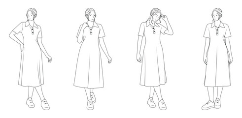 Outline illustration of woman in dress and sneakers.