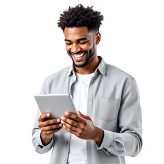 Smiling man using tablet device while wearing a gray shirt on black background