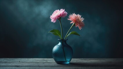 Two pink flowers in a blue vase with green leaves on a wooden surface against a dark, blurred background. © Sona