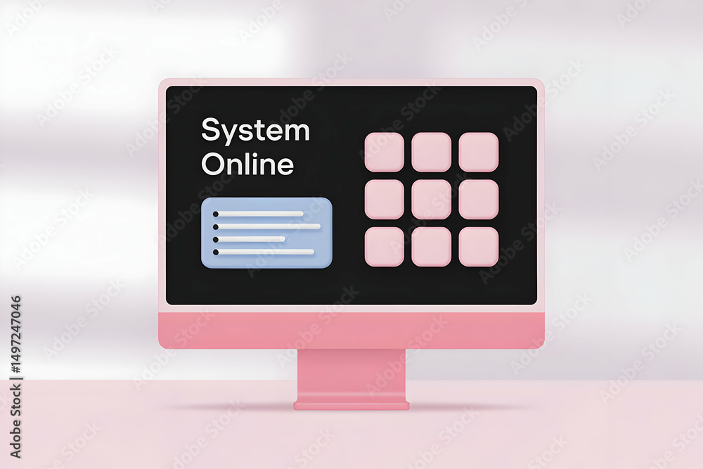 Poster pink desktop computer displaying system online status