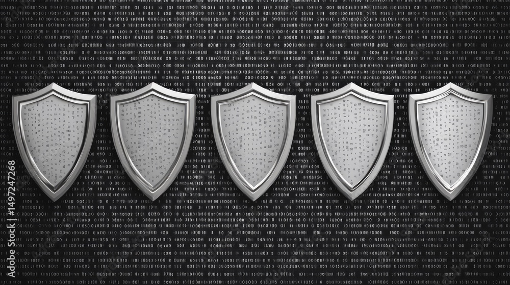 Poster cybersecurity concept background with shield icons and encrypted code patterns