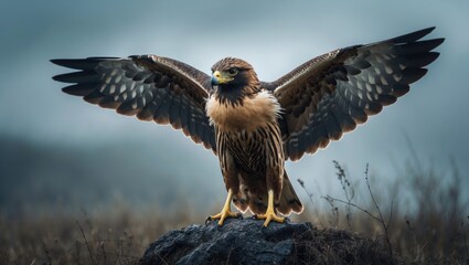 Fototapeta premium A majestic bird of prey spreading its wings while perched on a rock in a natural setting.