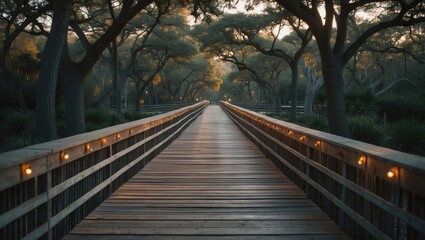 Obraz premium Bridge pathway through a forest during sunset at dusk. Nature scenery and tranquility. Wooden walkway and trees. The scene evokes calmness and natural beauty.