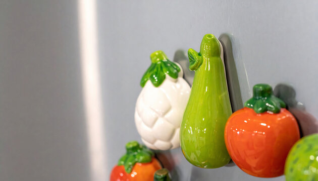 Colorful ceramic vegetable magnets adorn a gray surface. Whimsical kitchen decor evokes freshness and charm. Ideal for food blogs, home design, and playful visuals.