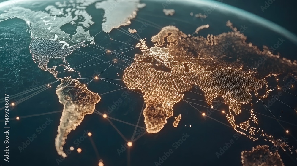 Poster global network technology with world map and lines forming a connected grid