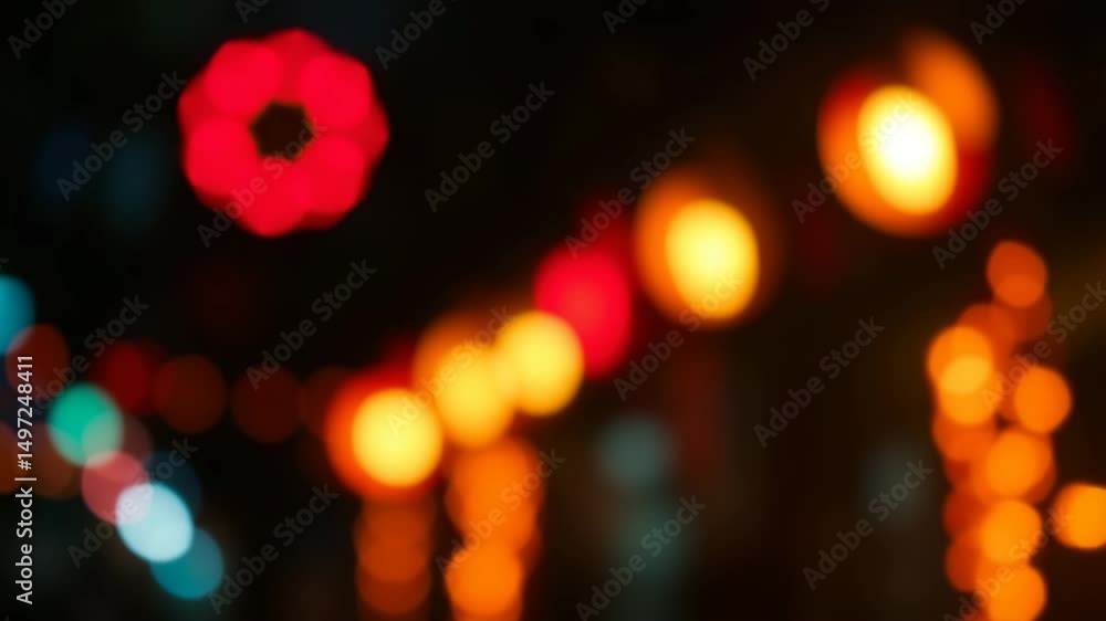Poster a video showing vibrant blurred lights shining in darkness creating an abstract and colorful spectac