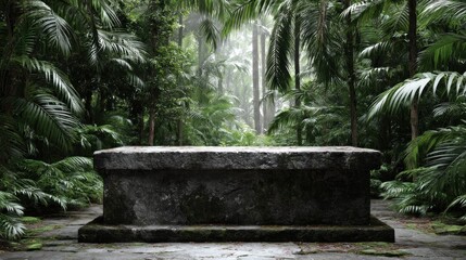 Mystical stone altar stands in a tranquil tropical jungle setting with lush foliage