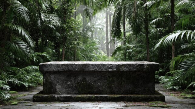Mystical stone altar stands in a tranquil tropical jungle setting with lush foliage