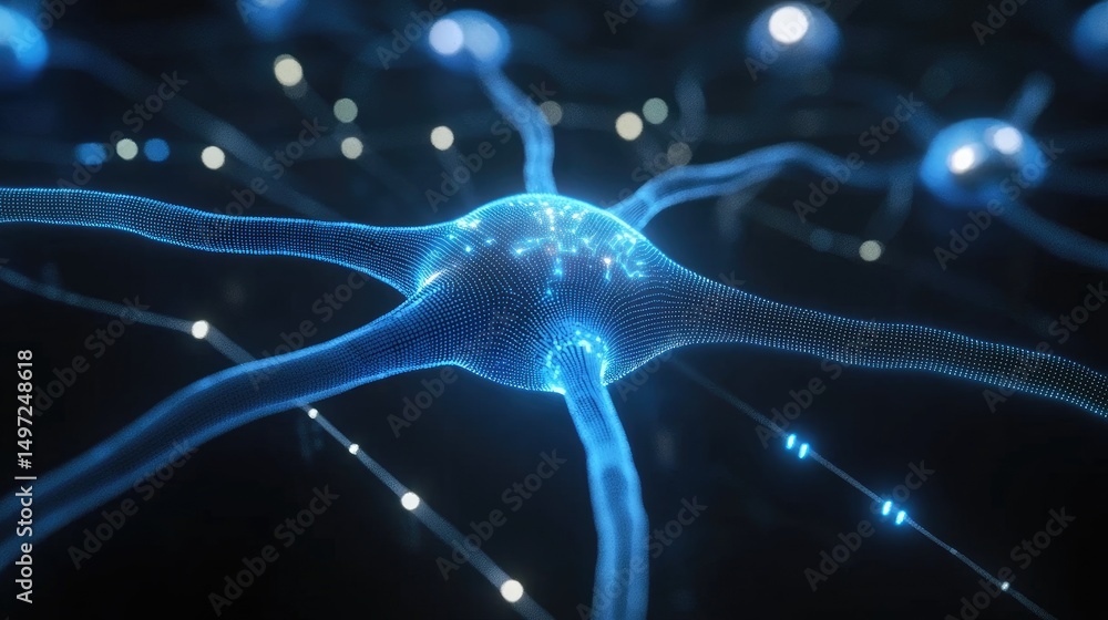Poster minimalistic black background with blue glowing circuits and neural-style patterns