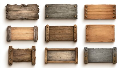 A 4K photo of vintage Wooden Signs Collection on white background.