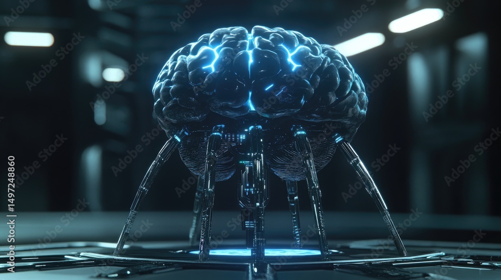 Poster neural interface device with glowing sensors transmitting to ai control center