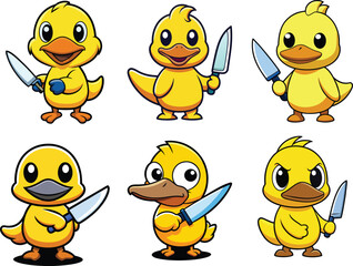 A funny illustration of a cute duck aggressively holding a knife. duck violence
