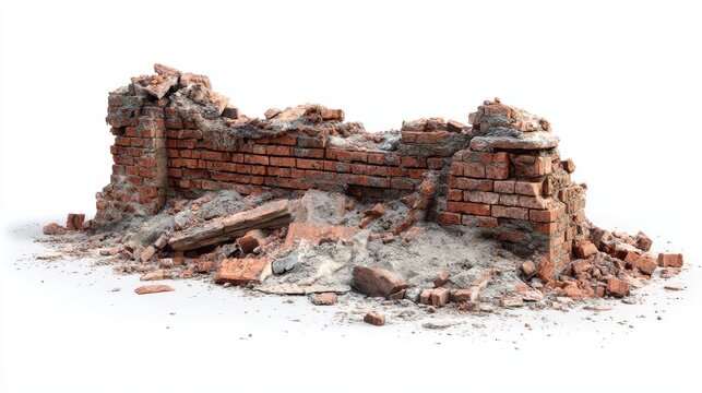 A 4K photo of 4K photo of ruined Brick Wall and Debris on white background.