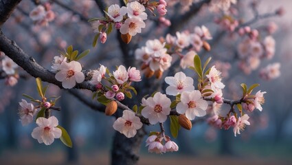 Cherry blossom tree branch with pink flowers and green leaves in spring season