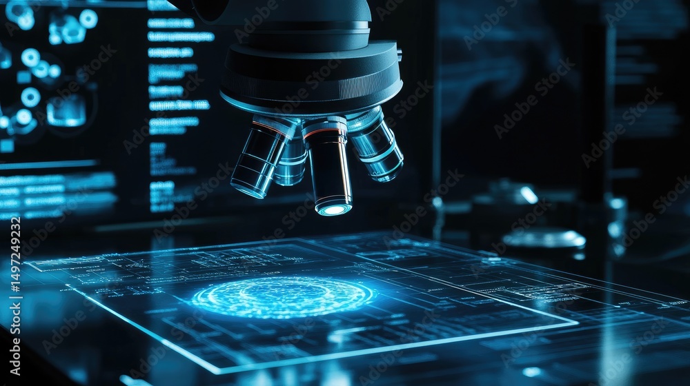 Poster self-healing materials displayed under microscope with futuristic animation overlays