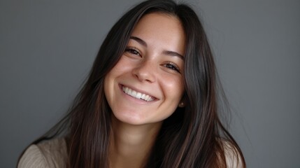 A young woman with long dark hair displays a joyful smile, radiating warmth and friendliness in a simple, neutral background. Her expression conveys happiness and approachability.