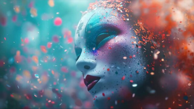 Portrait of a woman with carnival mask makeup on a bokeh background