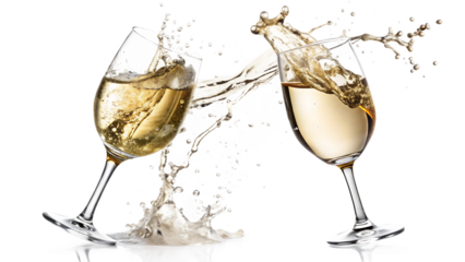 Two wine glasses splashing white wine isolated on a white background
